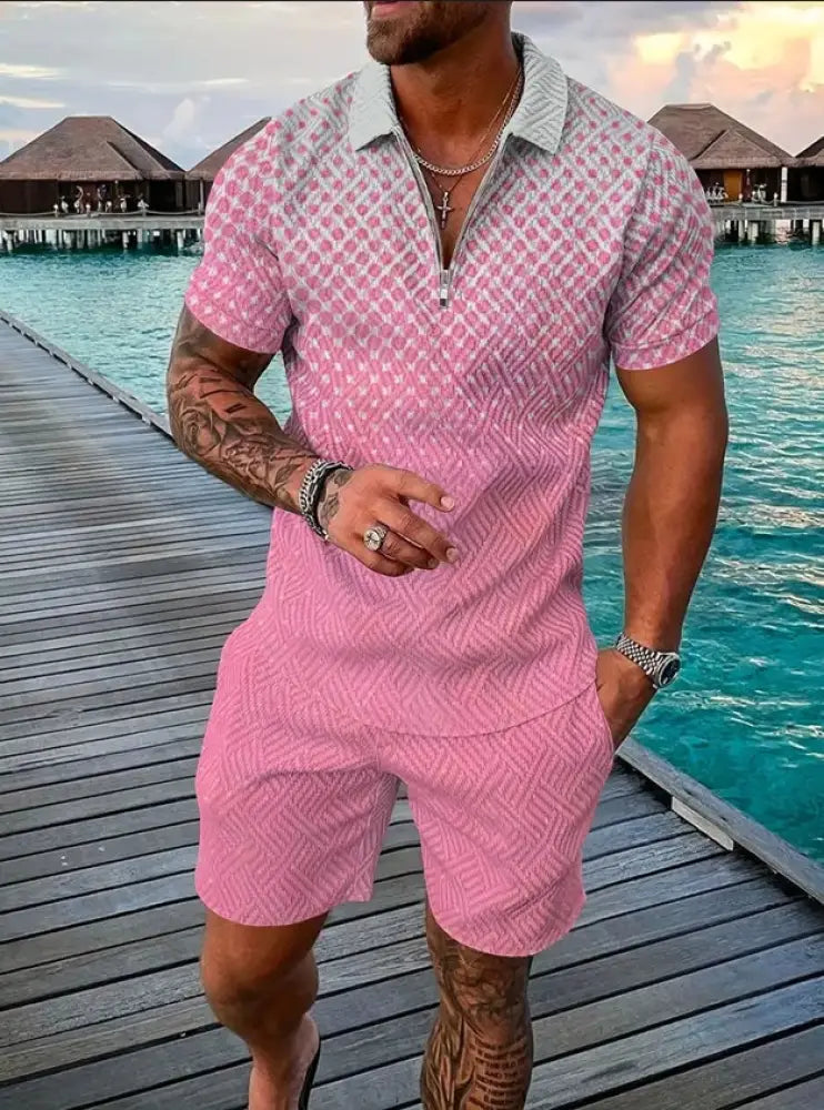 Men’s geometric pattern polo and shorts performance set in pink with short sleeves and matching shorts for active wear