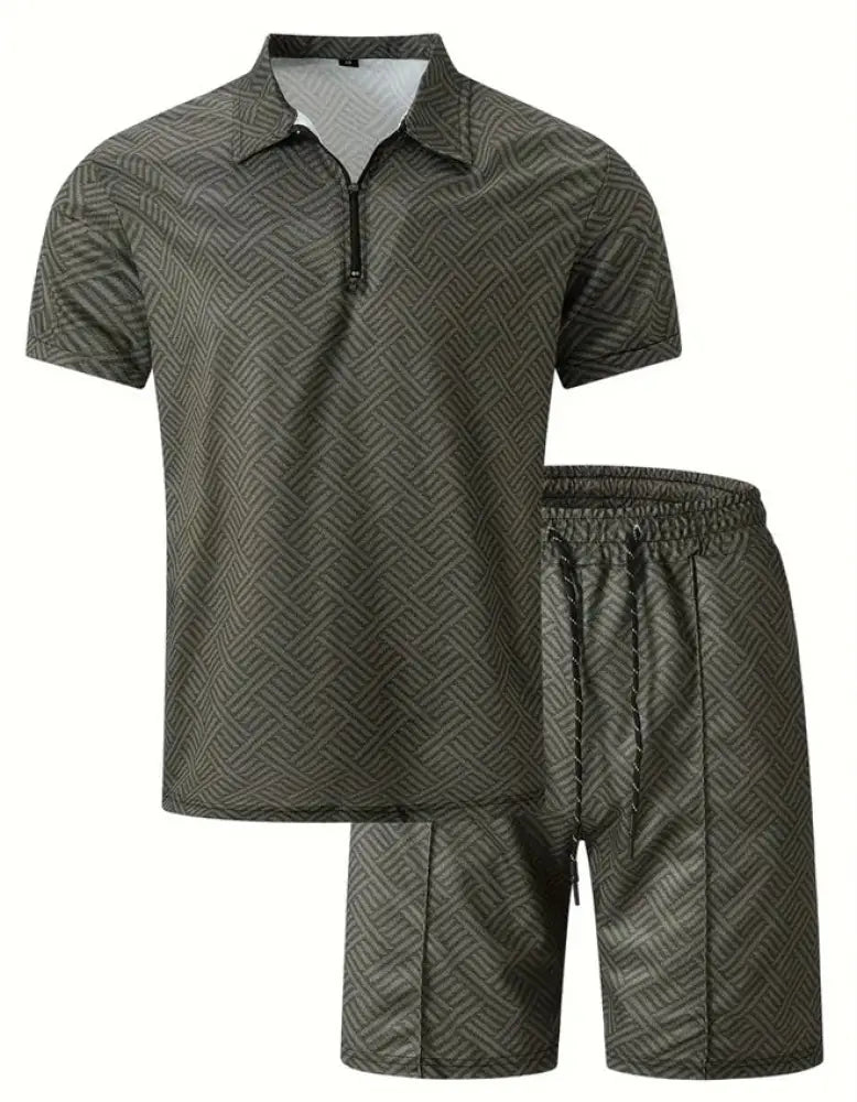 Men’s olive green geometric pattern polo and shorts performance set with short sleeves and subtle herringbone texture