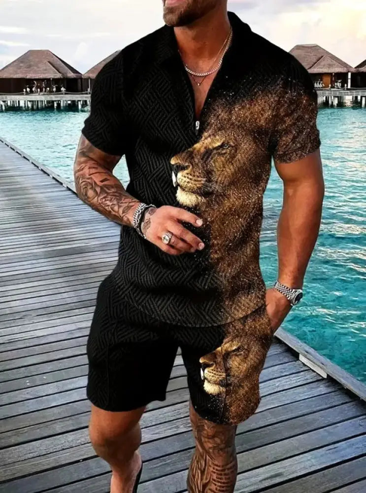 Men’s black short-sleeved polo shirt with detailed 3d lion graphic in geometric performance set