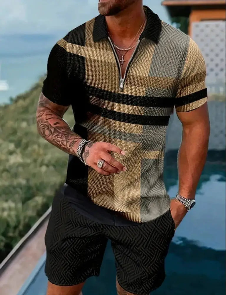 Men’s geometric pattern polo shirt with black collar gold and gray design and zipper placket in performance fabric