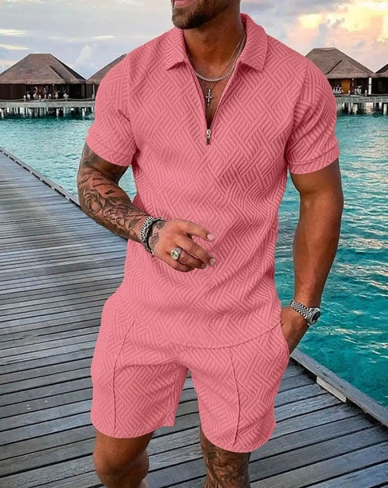 Men’s pink textured short-sleeved polo shirt with zipper placket from geometric pattern performance set