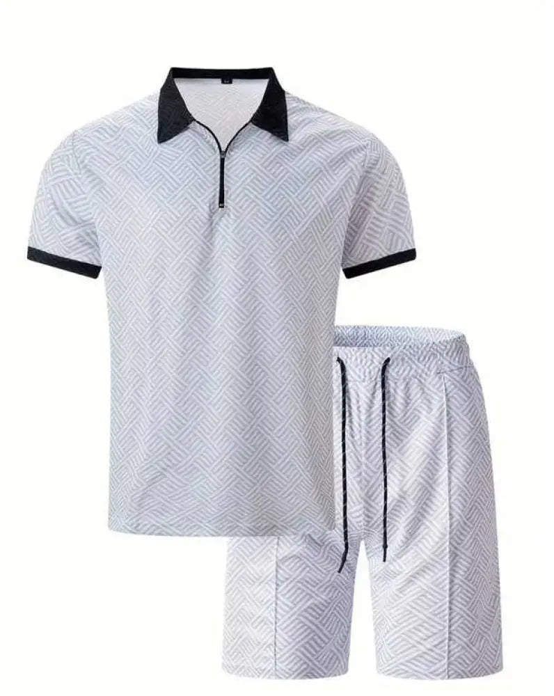 Men’s geometric pattern polo and shorts performance set in white with black collar and sleeve trim and subtle design