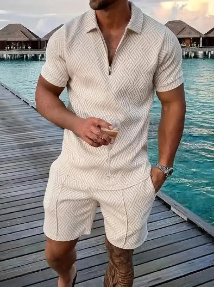Beige short-sleeved men’s geometric pattern polo shirt with zipper placket in a performance fabric set