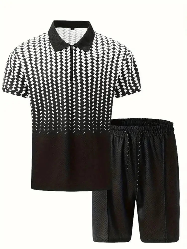 Men’s black and white geometric pattern short-sleeve polo shirt with solid black collar performance set