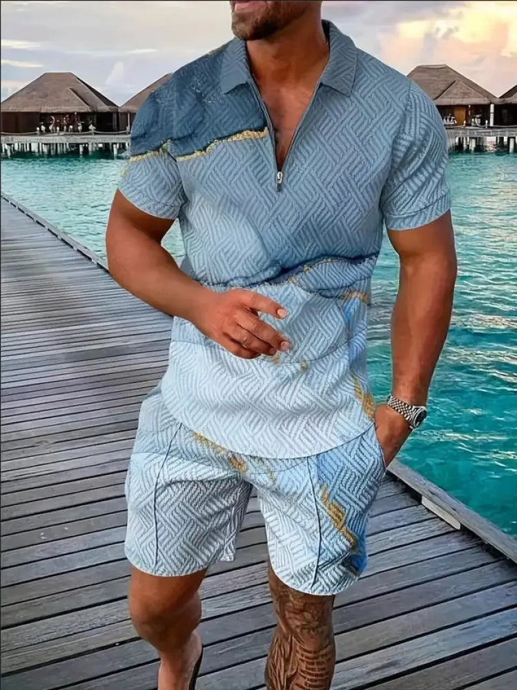 Men’s light blue and gold geometric pattern polo shirt with zipper detail in performance set for active wear