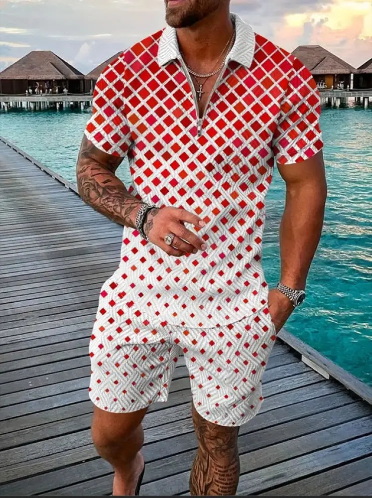 Men’s red and white geometric pattern polo and shorts performance set with short sleeves for active wear