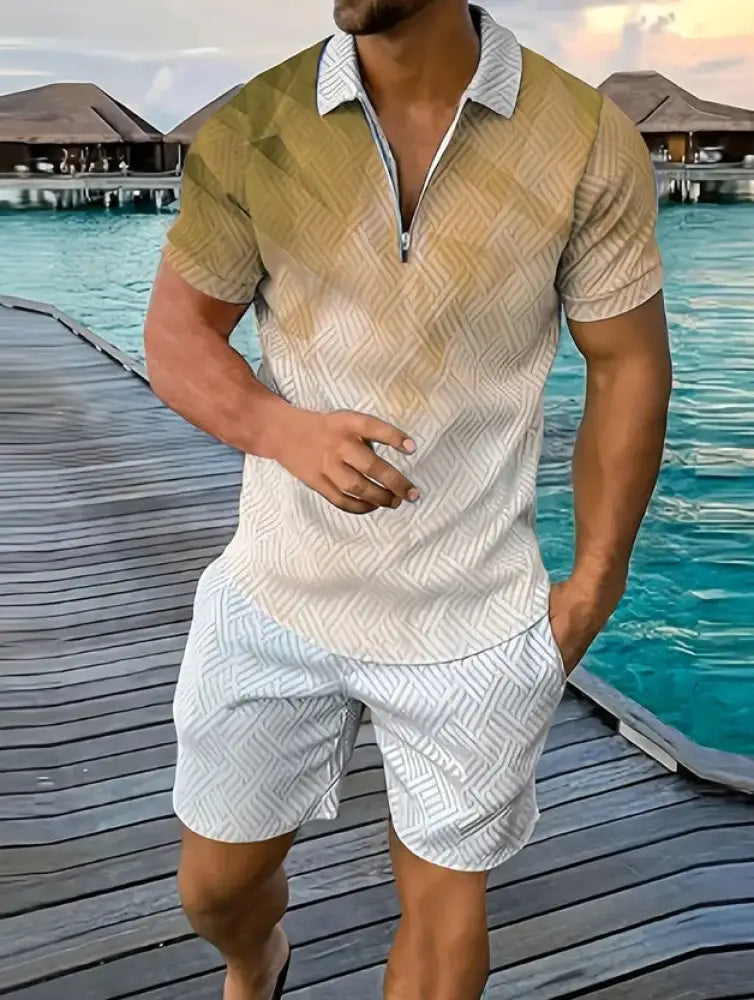 A man wearing a men’s geometric pattern polo and shorts performance set in beige and gold tones