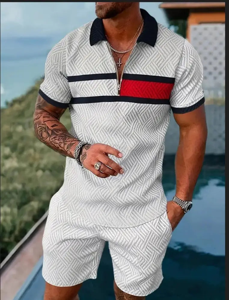 Men’s geometric pattern polo and shorts performance set featuring a white textured polo with navy trim and red chest stripe