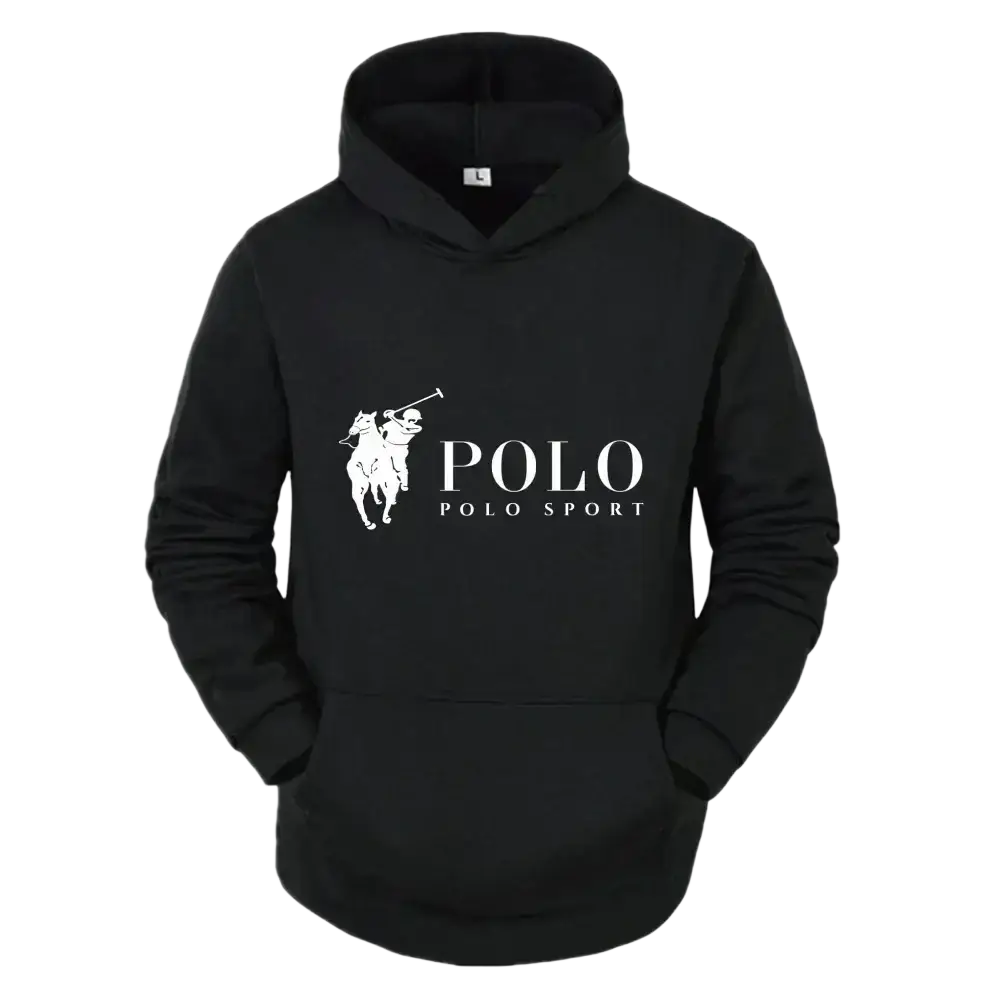Black polo sport fleece pullover hoodie with white polo sport logo and text across the chest