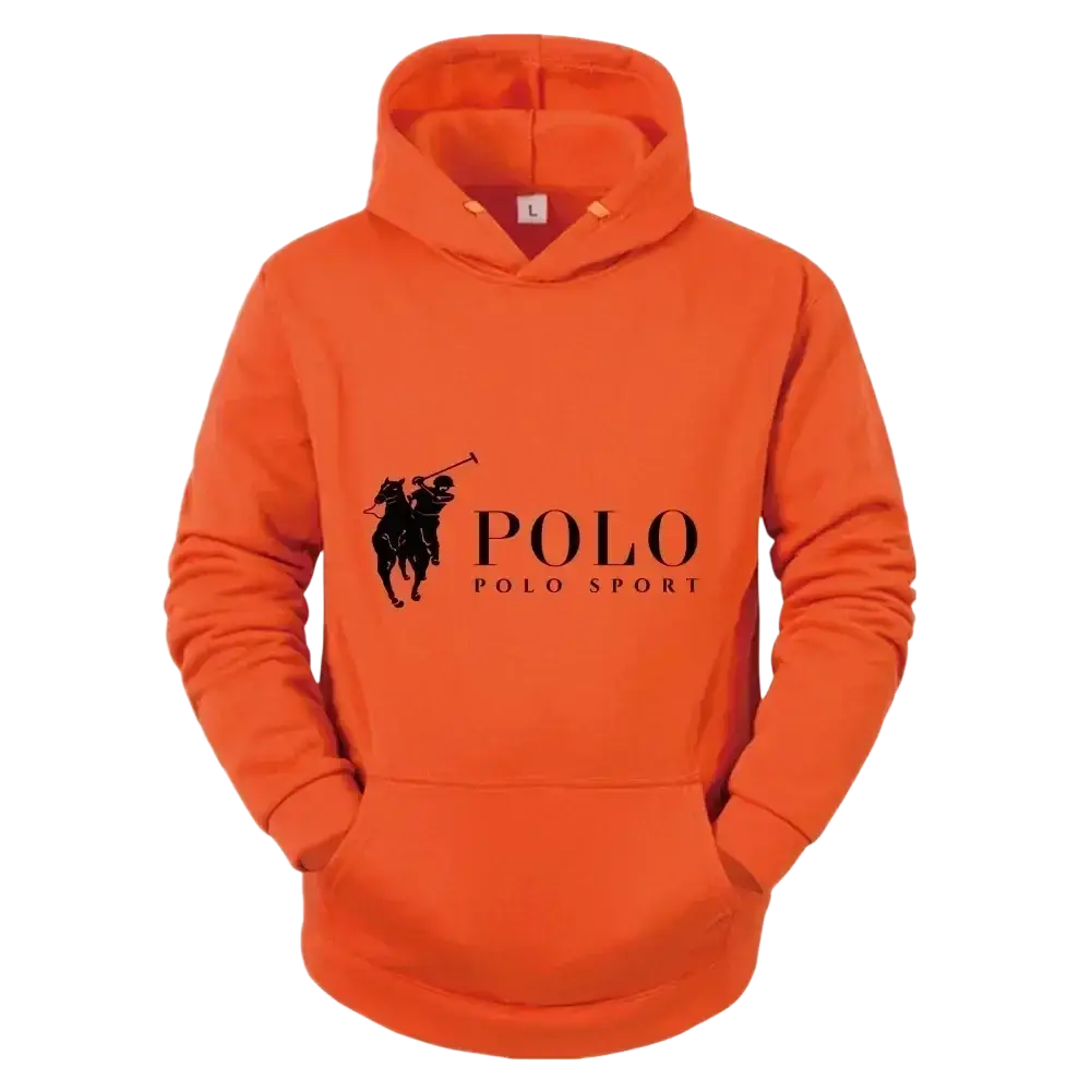 Bright orange polo sport fleece pullover hoodie with black Polo Ralph Lauren logo and Polo Sport text on the chest