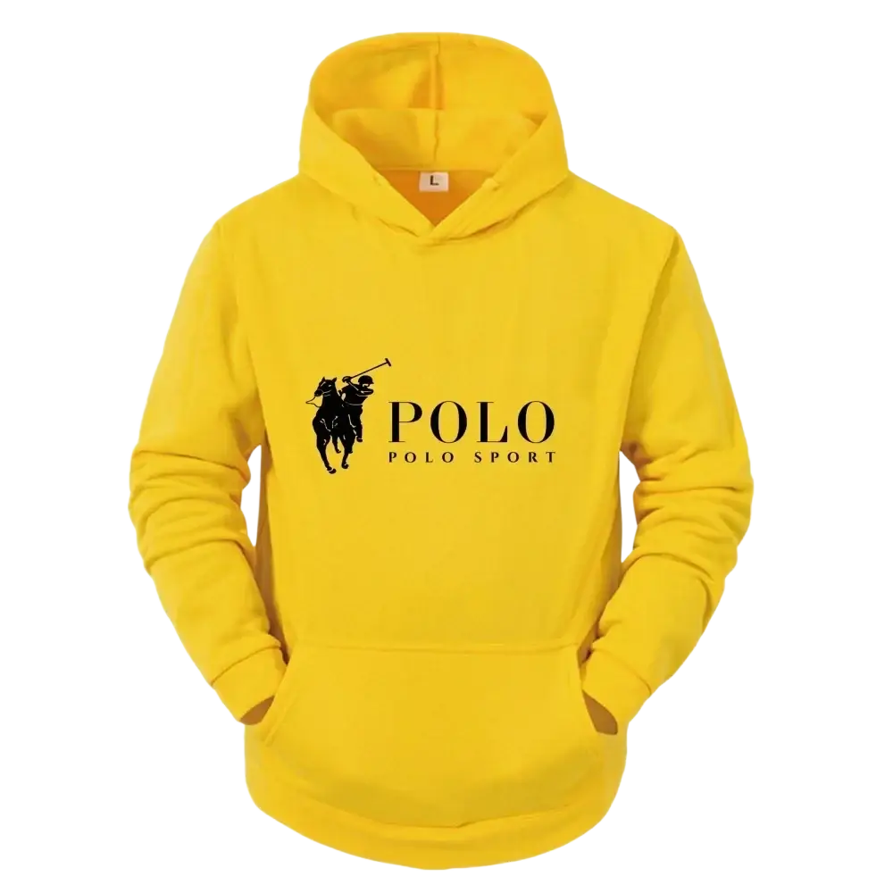 Bright yellow fleece hoodie pullover featuring a black polo sport logo with two polo players and brand name on chest