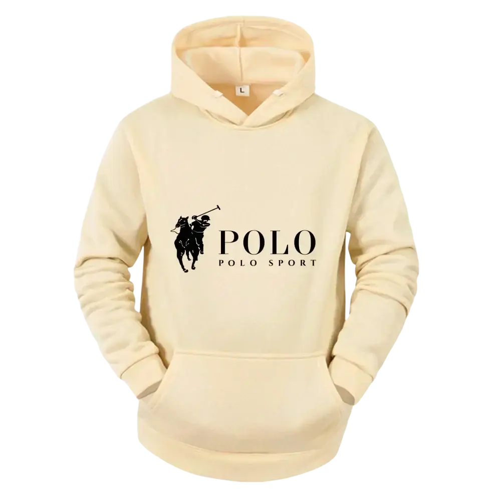 Cream-colored fleece pullover hoodie featuring a black Polo Sport logo with a polo player graphic for casual wear