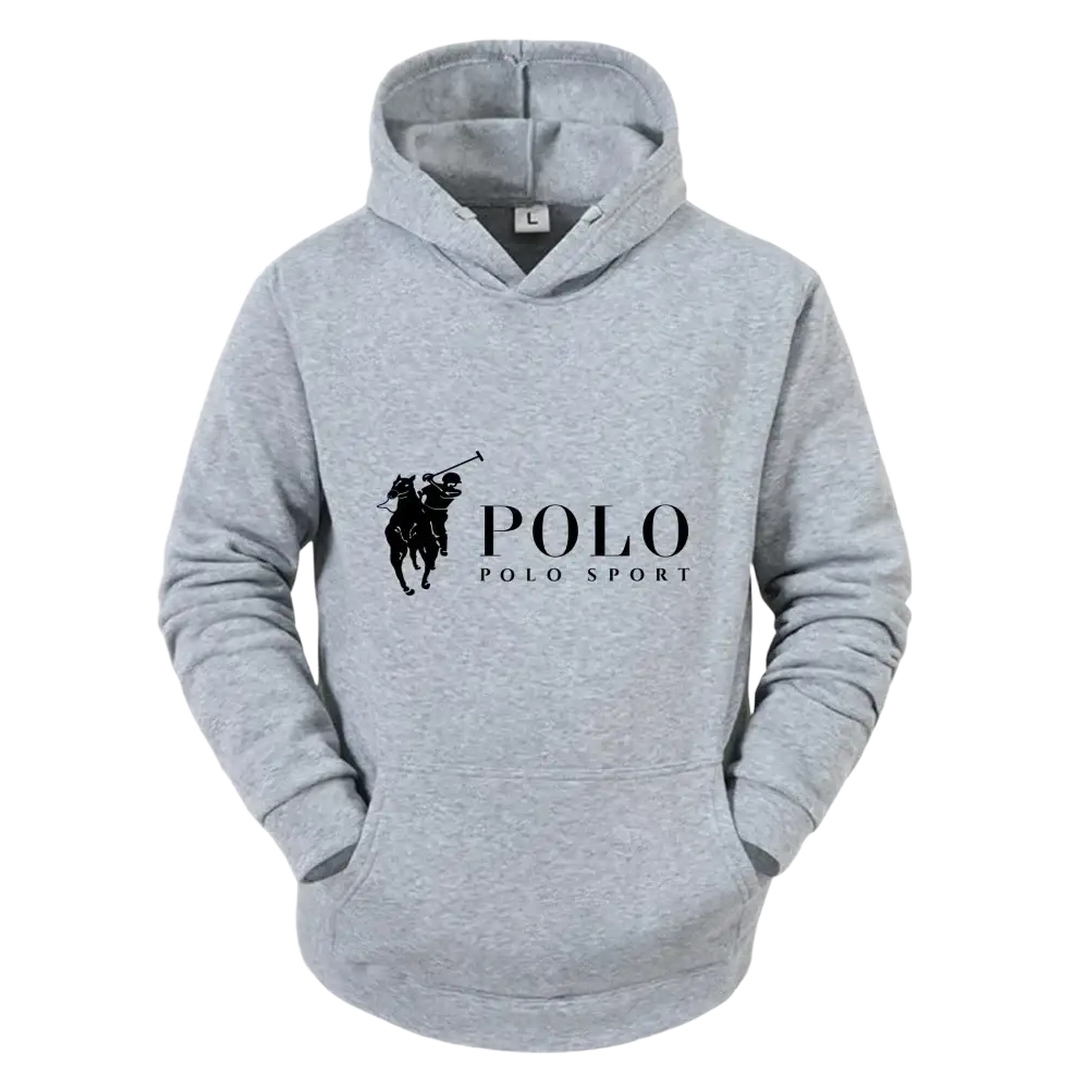 Gray heathered fleece Polo Sport logo hoodie pullover with black Polo Ralph Lauren logo and printed chest text