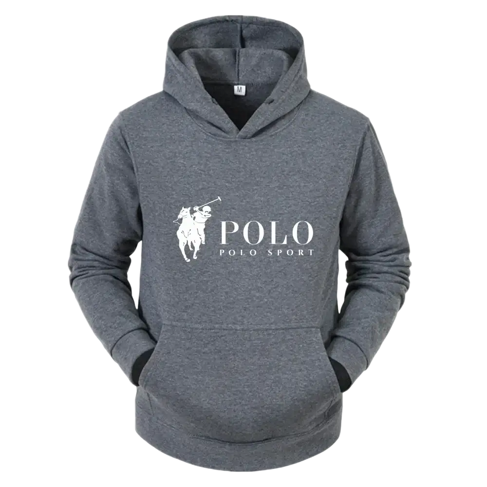 Gray heathered fleece polo sport logo hoodie pullover featuring white polo player graphic on the chest