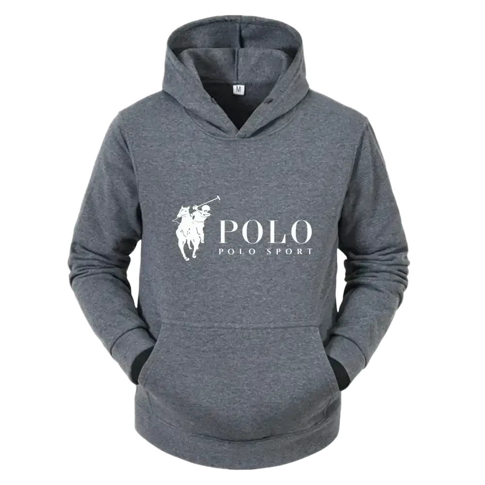 Gray heathered fleece pullover hoodie with white polo sport logo and polo player emblem on the chest