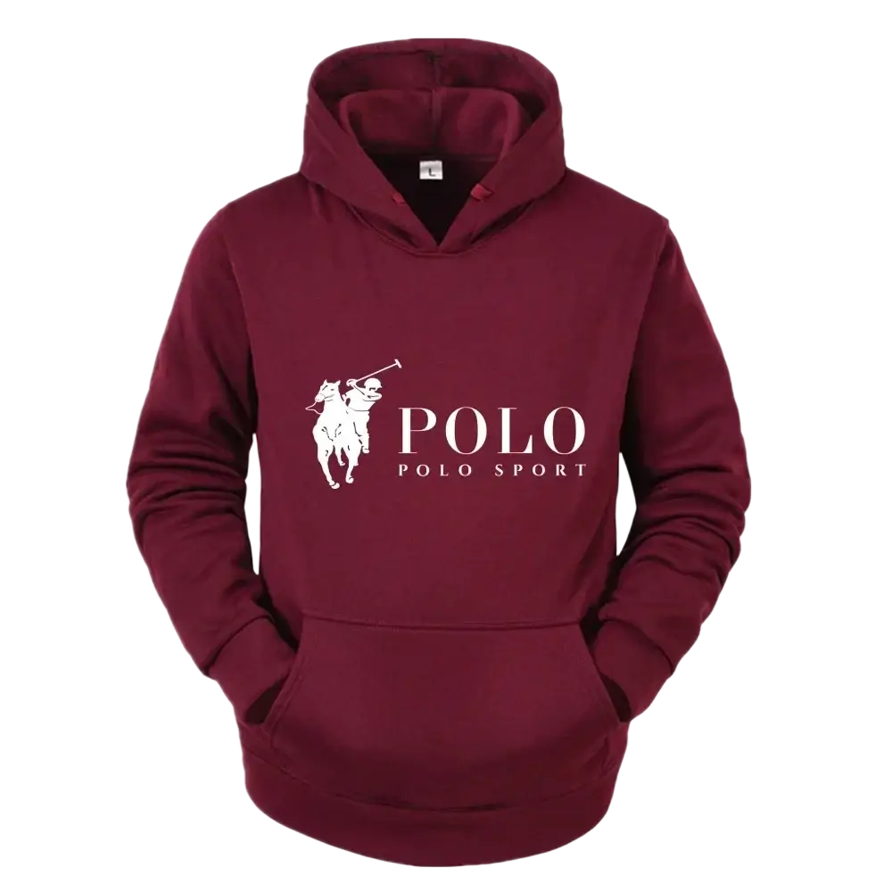 Maroon Polo sport fleece pullover hoodie with white logo and front pocket for casual and athletic wear