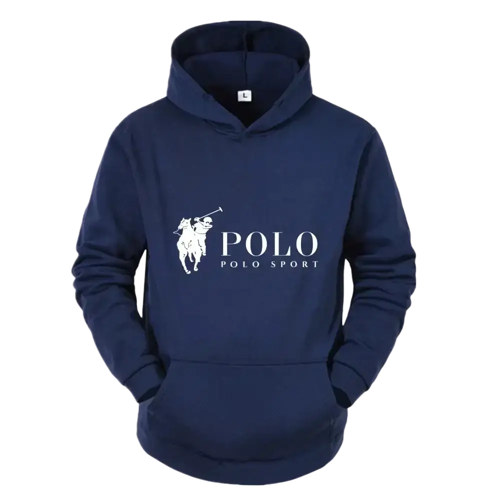 Navy blue polo sport logo fleece pullover hoodie with white logo and front pocket for casual wear