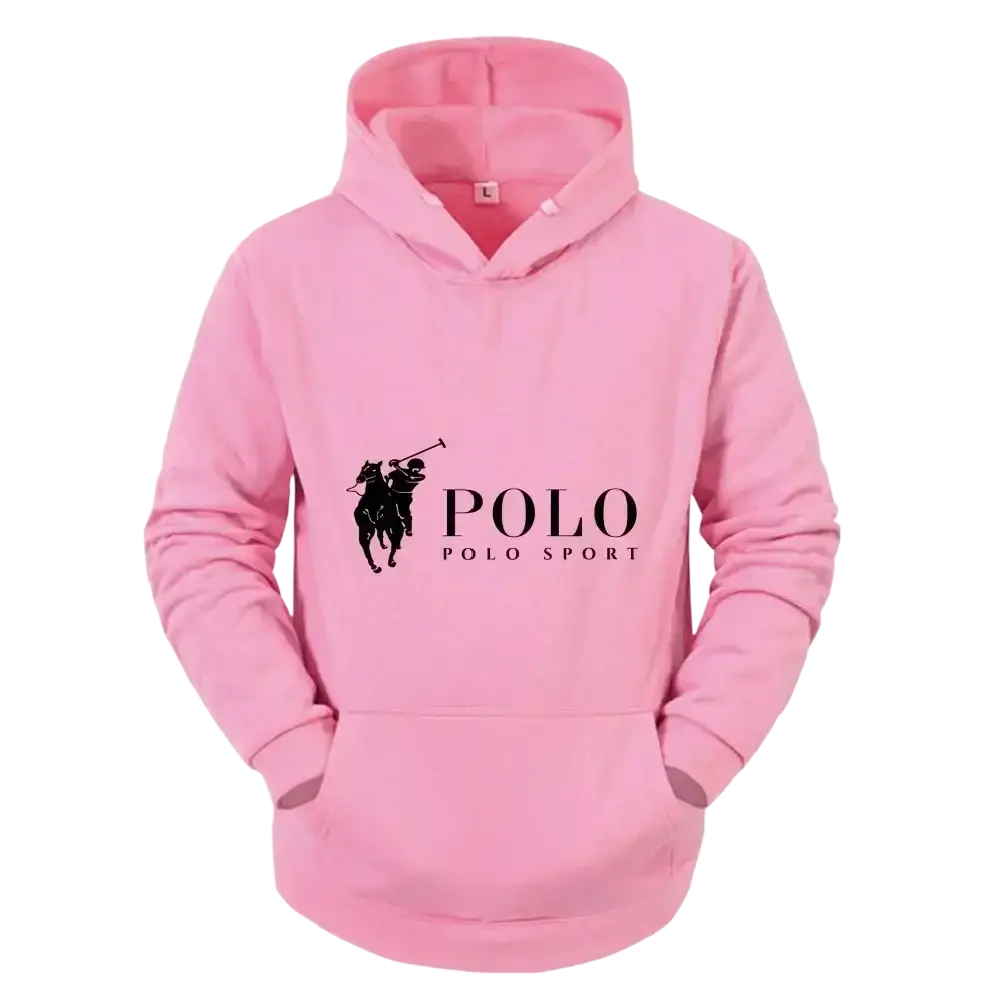 Pink polo sport fleece pullover hoodie with black polo sport logo and front pocket for casual wear