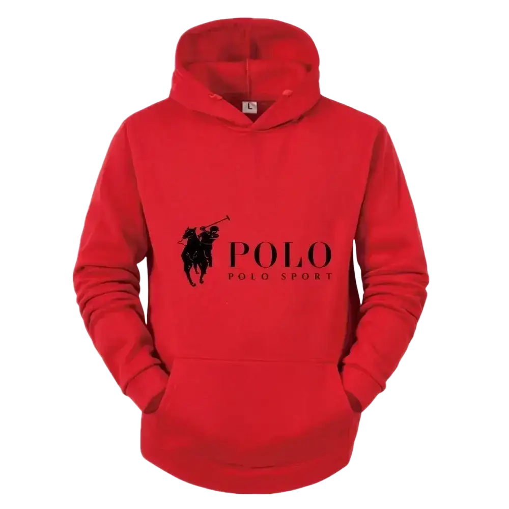 Red polo sport fleece pullover hoodie with black polo sport logo and front pocket for casual wear