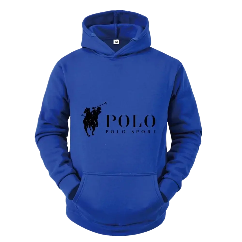 Royal blue Polo Sport logo hoodie fleece pullover with black embroidered polo player and text across the chest