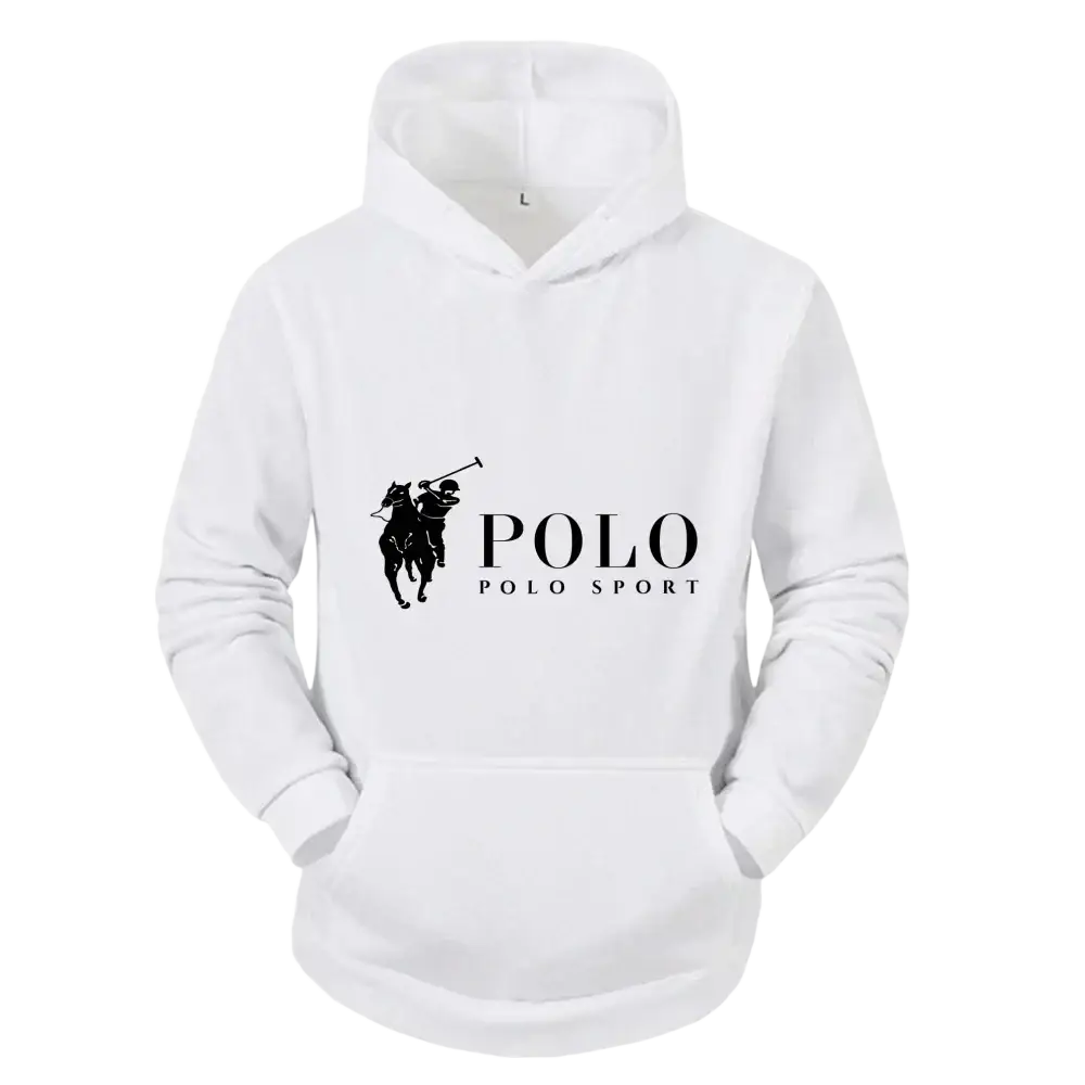 White polo sport logo hoodie fleece pullover with black polo player logo and text on the chest