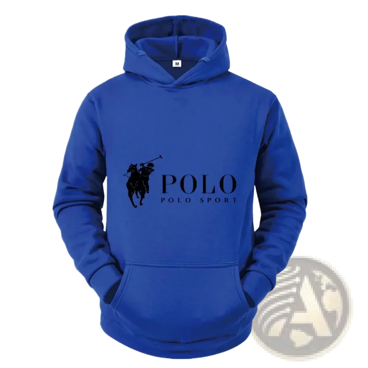 Royal blue Polo Sport logo hoodie fleece pullover with black embroidered polo player and text across the chest