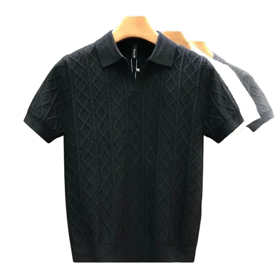 Black knitted polo style sweater with diamond pattern ribbed texture slim fit short sleeve ideal for casual wear