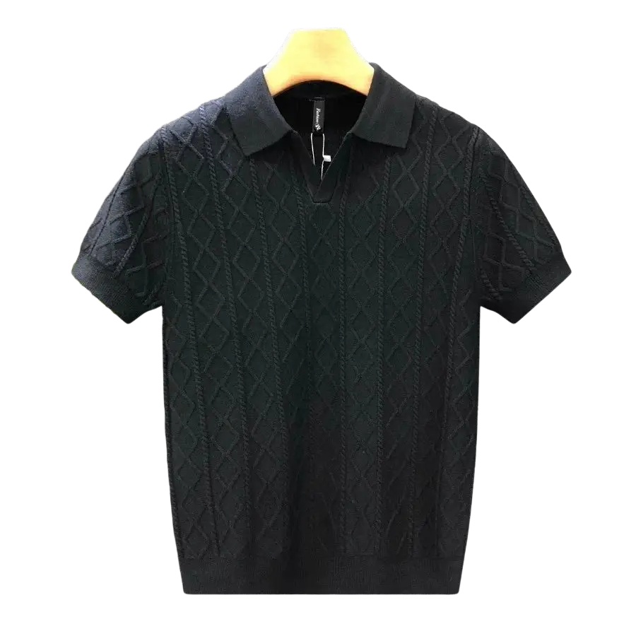 Black knitted polo style sweater with diamond pattern ribbed texture slim fit short sleeve design