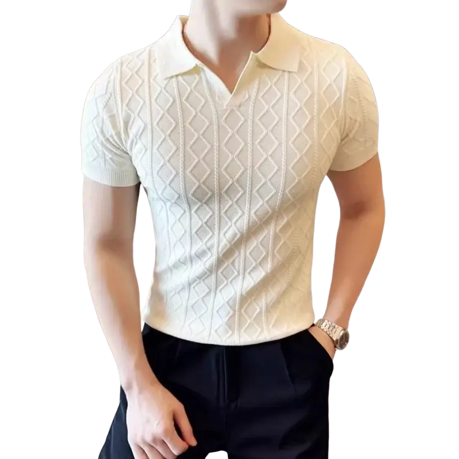 Cream-colored knit polo style sweater with diamond texture slim fit short sleeve ideal for casual wear
