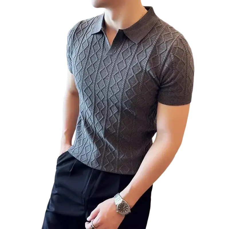 Dark gray knitted polo style sweater with textured diamond pattern and slim fit short sleeves
