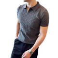 Dark gray knitted polo style sweater with textured diamond pattern and slim fit short sleeves