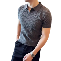 Dark gray knitted polo style sweater with textured diamond pattern and slim fit short sleeves