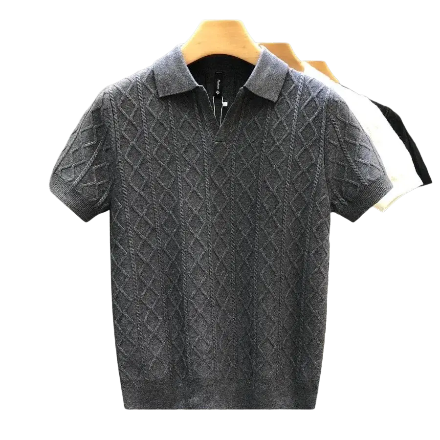 Dark gray knitted polo style sweater with diamond cable knit pattern slim fit short sleeves