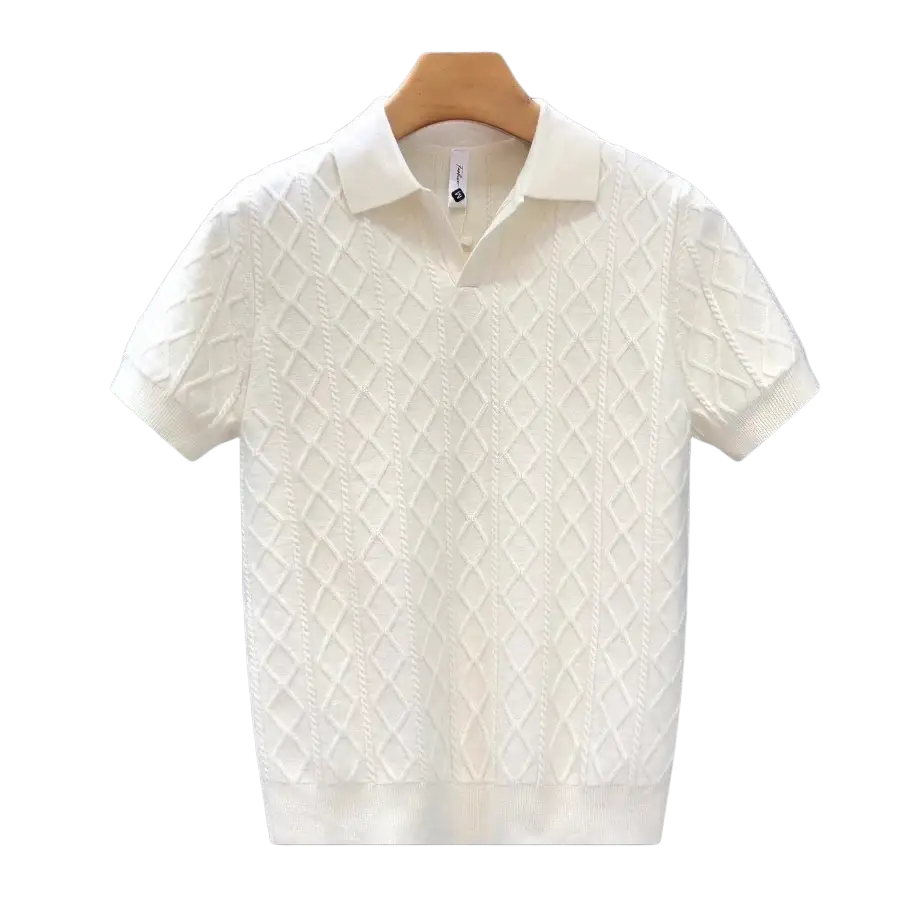 White knitted polo style sweater with diamond pattern texture ribbed cuffs slim fit short sleeve design