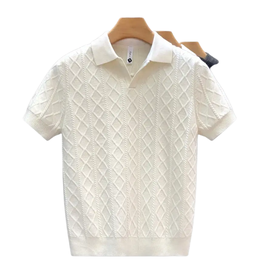 White knitted polo style sweater with diamond pattern ribbed cuffs slim fit short sleeve design