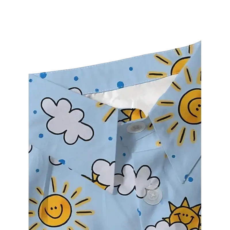Light blue polyester material casual women shirt with smiling yellow suns white clouds and blue dot pattern
