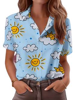 Light blue polyester material short-sleeved casual women shirt with smiling yellow suns and white clouds pattern