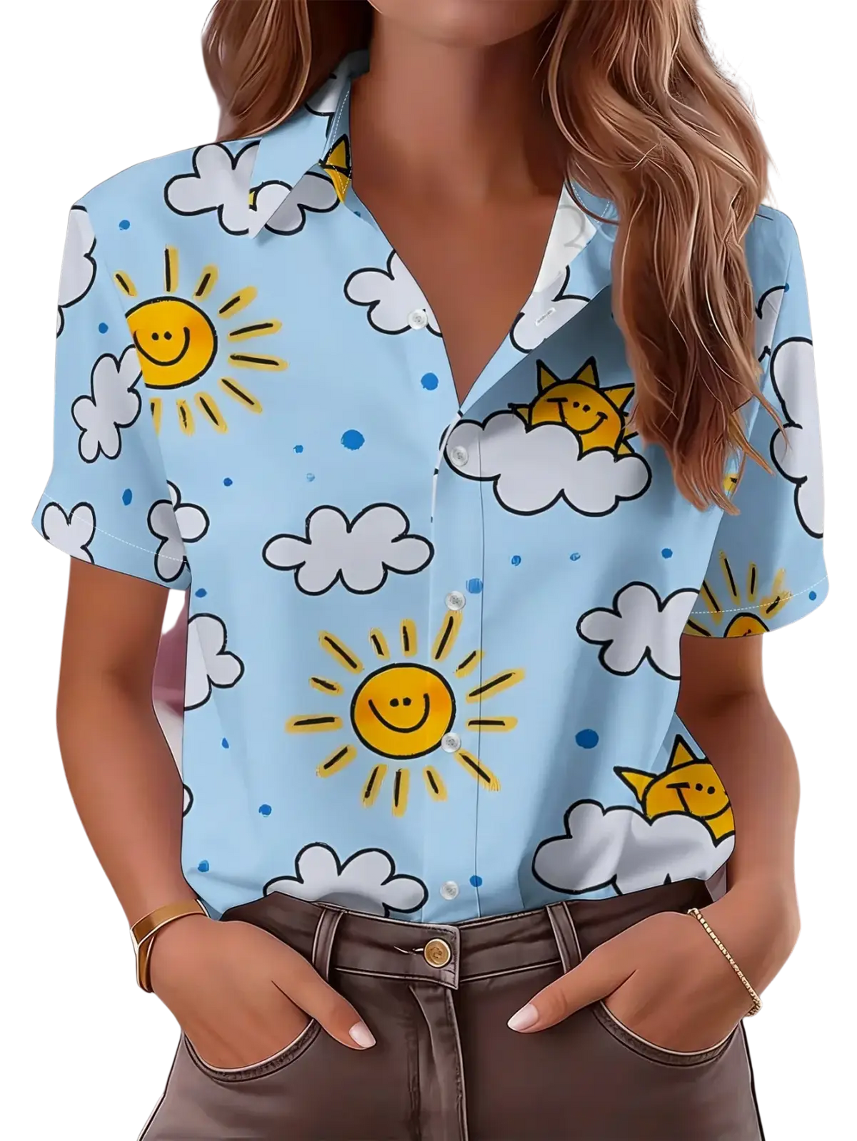 Light blue polyester material short-sleeved casual women shirt with smiling yellow suns and white clouds pattern