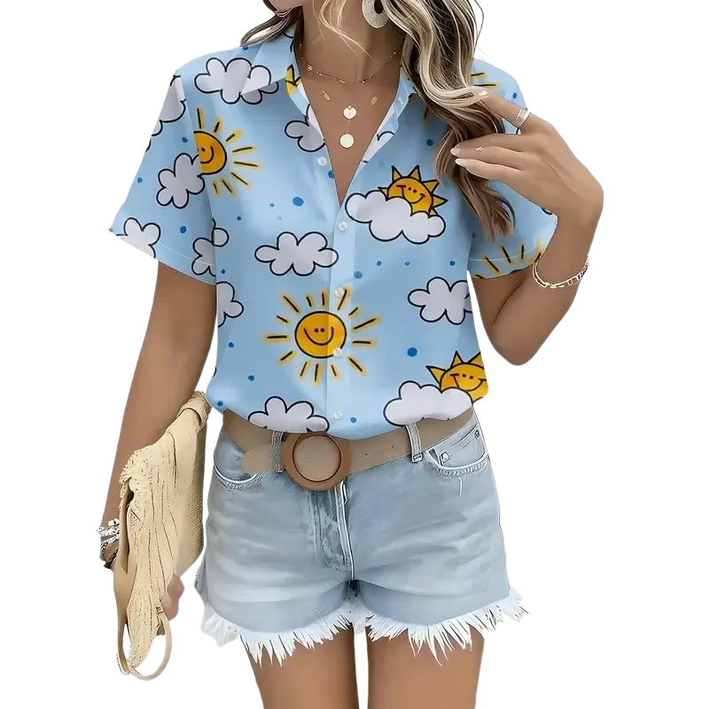 Light blue polyester short-sleeved casual women shirt with yellow sun and white cloud pattern