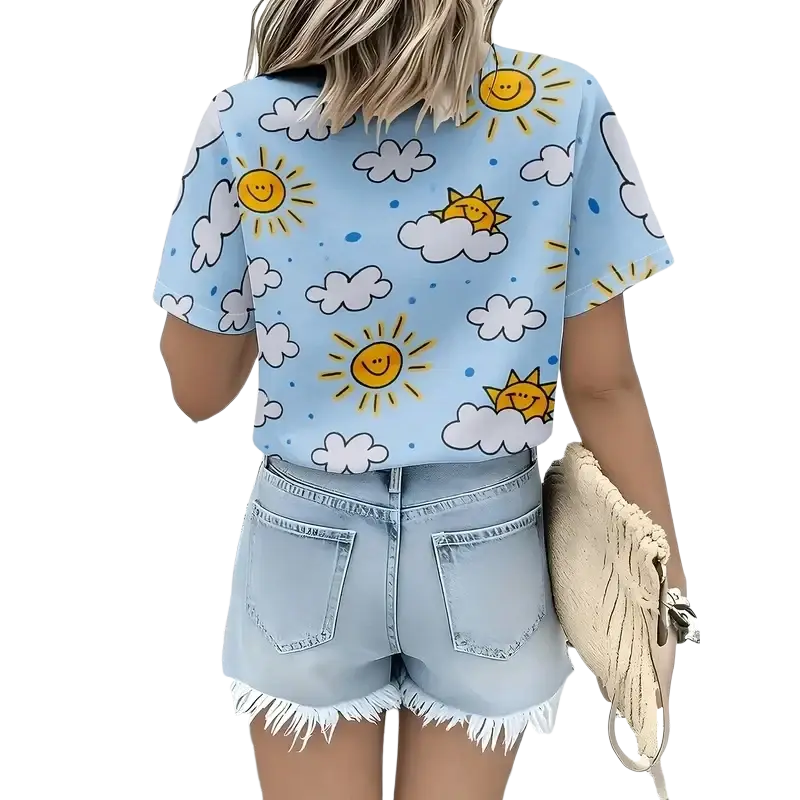Light blue polyester material casual women shirt with short sleeves and cheerful sun and cloud print design