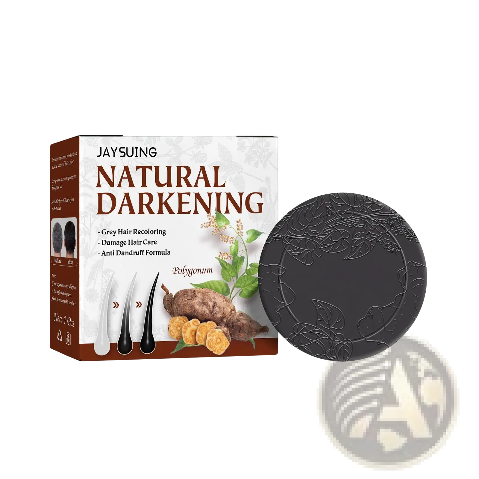 Black circular polygonum multiflorum hair repair shampoo bar with embossed floral design for hair darkening