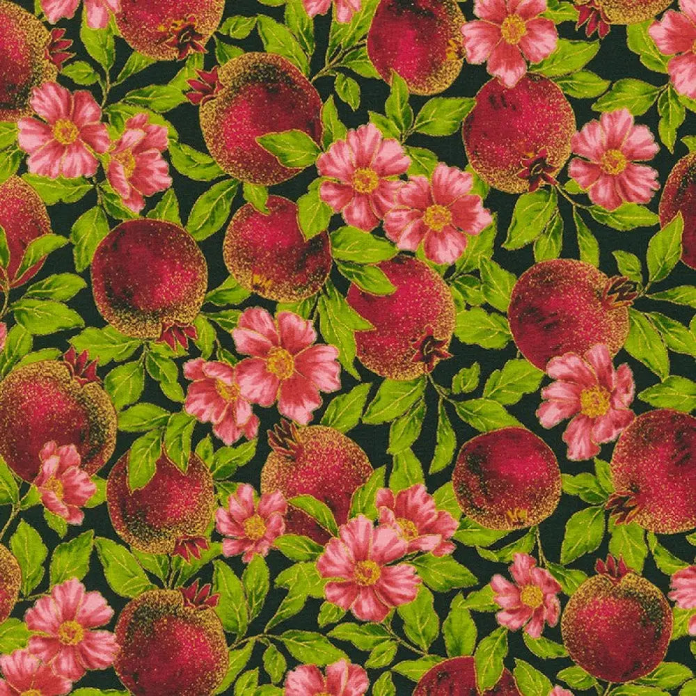 Pomegranate floral 1950s cotton swing midi dress with vibrant red pomegranates and pink flowers on dark green background