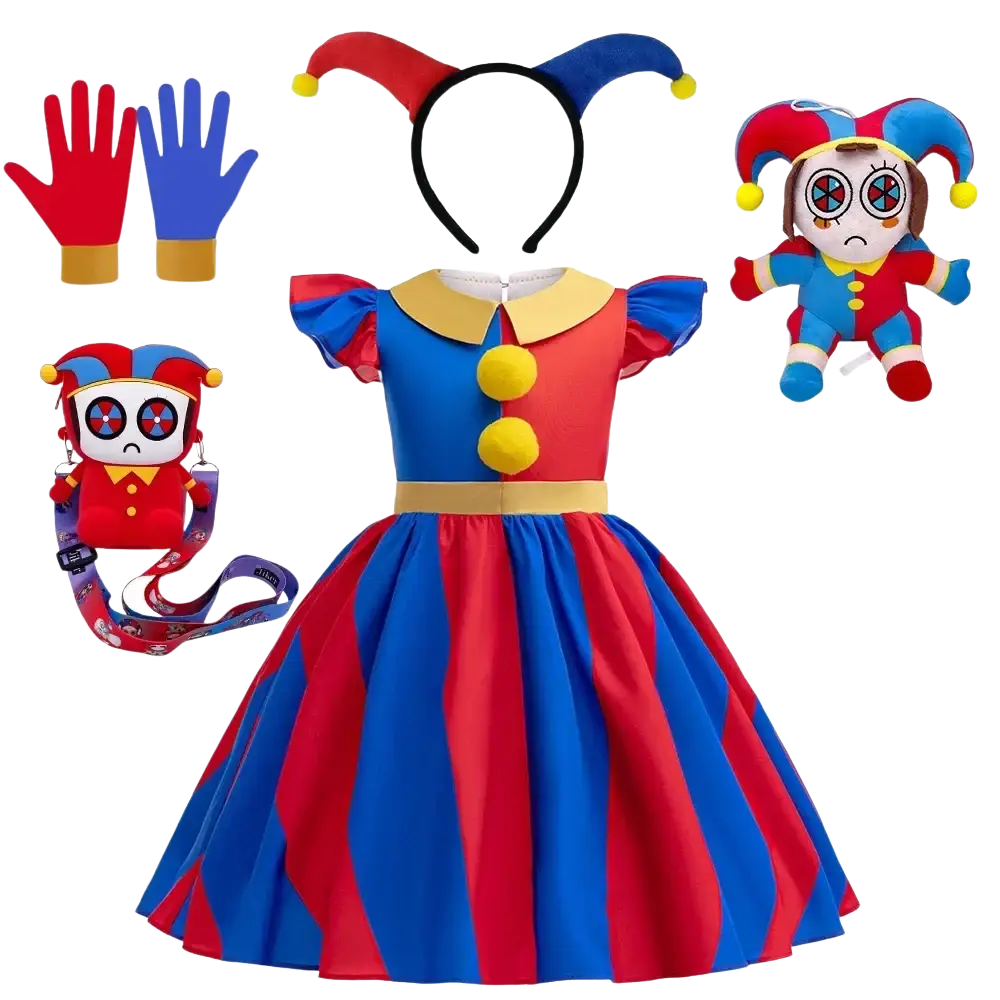 Pomni clown costume dress with red and blue stripes yellow collar gold buttons and puffy sleeves with size chart