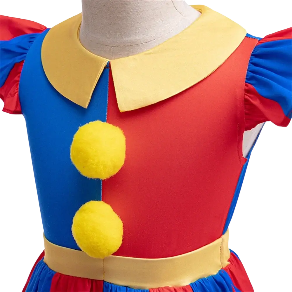 Pomni clown costume dress in red and blue with yellow collar pom-poms and gold belt featuring size chart details
