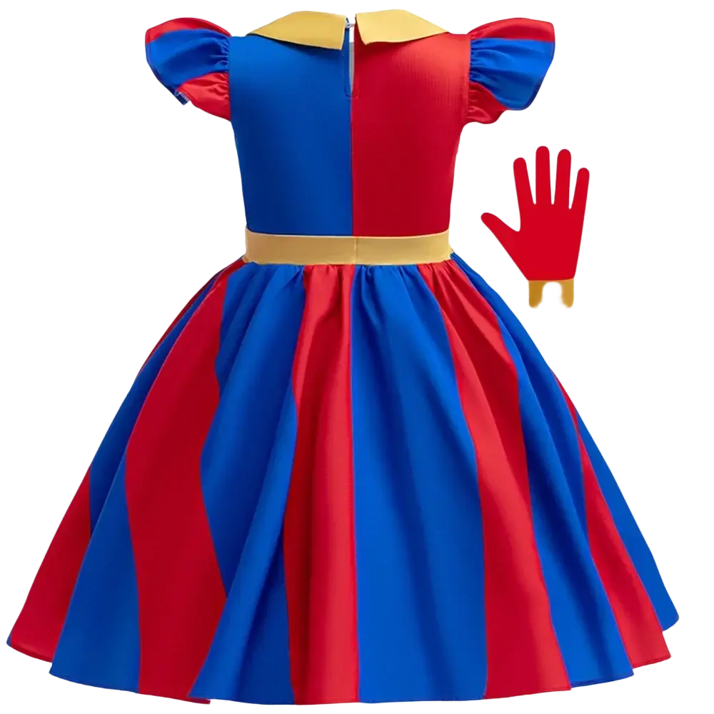 Vibrant red and blue striped pomni clown costume dress with puffed sleeves yellow collar and size chart visible