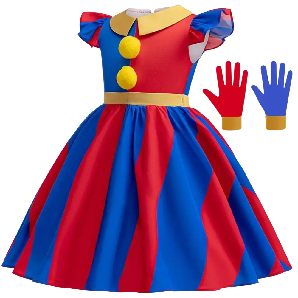 Pomni clown costume dress in vibrant red and blue striped satin with yellow collar gold belt pom pom buttons and size chart