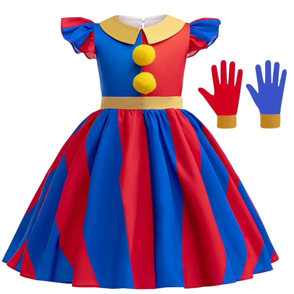 Pomni clown costume dress with vibrant red and blue stripes yellow collar gold belt pom-pom buttons and size chart