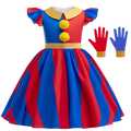 Pomni clown costume dress with vibrant red and blue stripes yellow collar gold belt pom-pom buttons and size chart