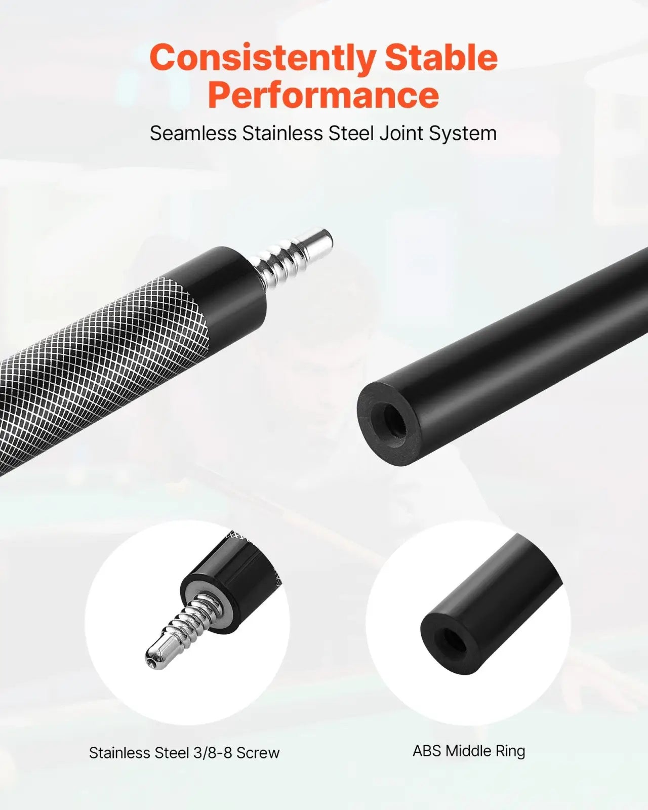 Black cylindrical pool cue 58 inch with textured grip and seamless stainless steel joint titanium composite stick