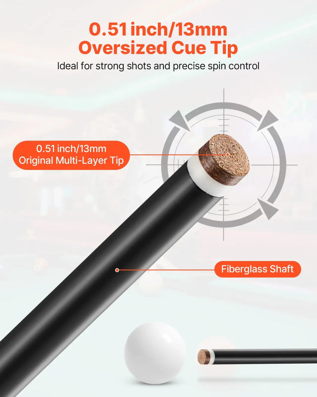 Black fiberglass pool cue 58 inch with 0.51 inch oversized multi-layer brown tip for enhanced control and spin